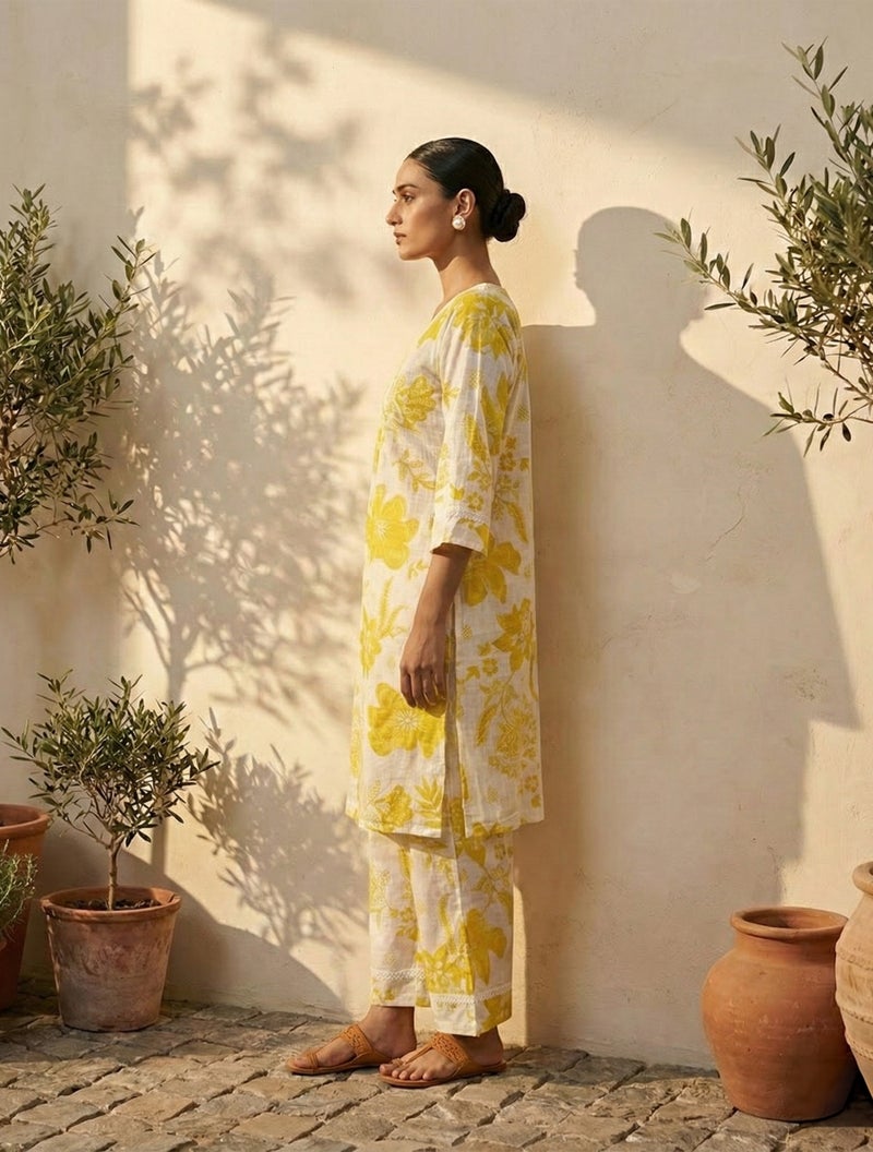 trueBrowns White Yellow Floral Print Kurta Pant Set - Image 3